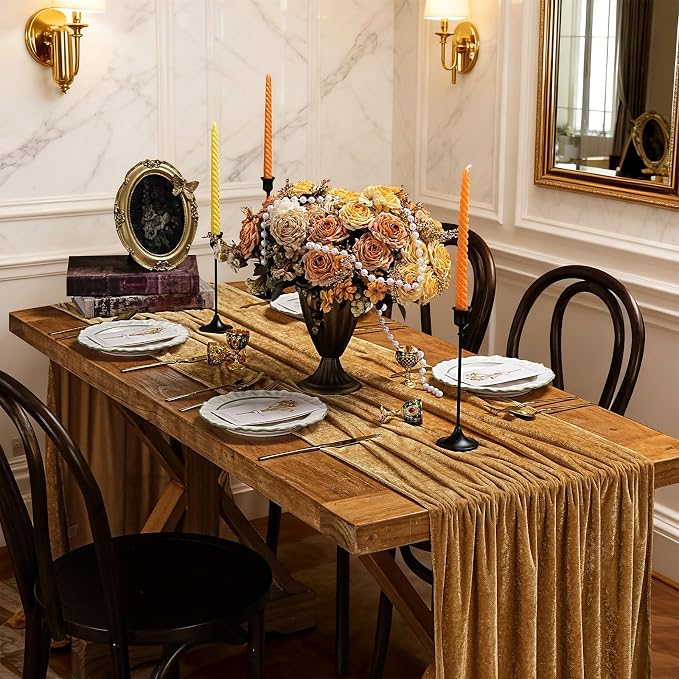 Gold Velvet Table Runner 10ft Extra Long Luxury Fall Thanksgiving Runners | 5 - Image 2
