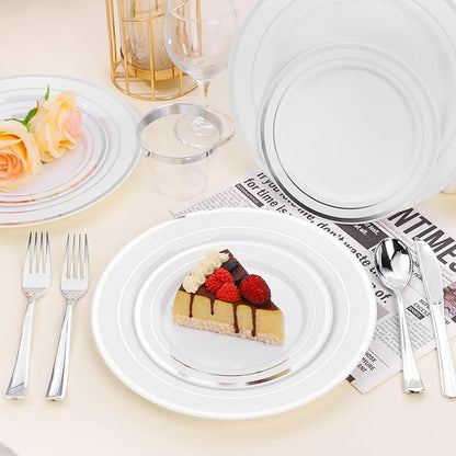 BESTSTAR 100PCS White Plastic Plates for Party, 10.25 Inch Disposable Plates with Silver Rim, Heavy Duty Dinner Plates for Christmas, Wedding and Birthday