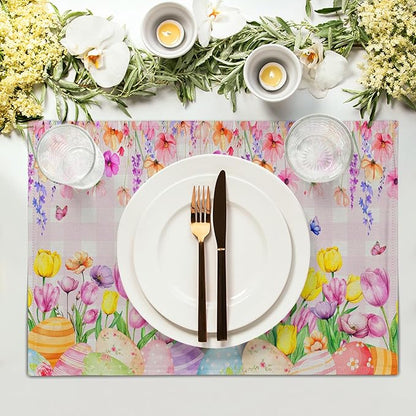 Spring Rabbit Bunny Placemats - Floral Easter Place Mat Set of 4 Buffalo Plaid Tablemats 12x18 for Party Kitchen Dining Pink