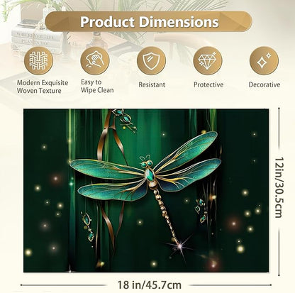 Green Jewel Dragonfly Place Mats Set of 6, Table Mats Heat Insulation Non Slip Washable Dining Placemats for Wedding Holiday Party Kitchen Decor 12X18 in