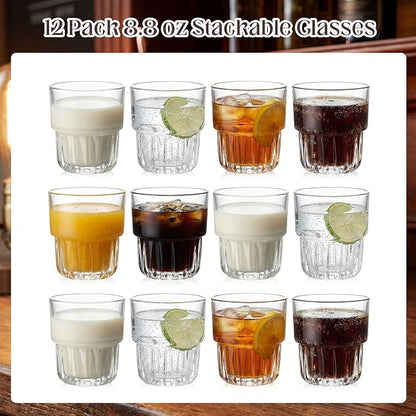 12 Pack Whiskey Glasses 8.8 oz Clear Drinking Glass Stackable Iced Latte Coffee - Image 2