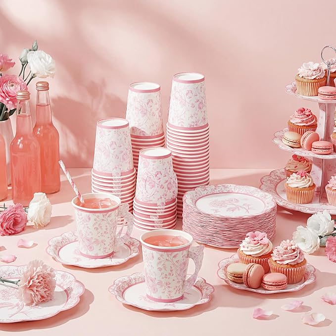 FillTouch 100 Sets Pink Floral Paper Tea Cups and Saucers Disposable Paper Tea - Image 6