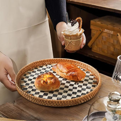 Round Rattan Tray with Mother of Pearl Inlay, Wooden Base | Coffee Table - Image 6