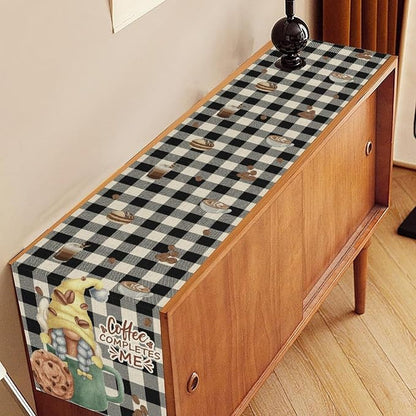 Coffee Time Table Runner, Rustic Black White Plaid Buffalo Gnome Coffee Theme - Image 2