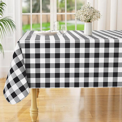 misaya Rectangle Waterproof Vinyl Table Cloth, Buffalo Flannel Backed Tablecloth, Wipeable Plastic Table Cover for Dinner, Kitchen, Outdoor (60" x 120", Black and White)
