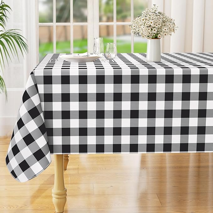misaya Rectangle Waterproof Vinyl Table Cloth, Buffalo Flannel Backed Tablecloth, Wipeable Plastic Table Cover for Christmas (70" x 108", Black and White)