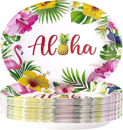 50Pcs Hawaiian Luau Oval Paper Plates 10" X 12" Disposable Tropical Aloha Party Supplies Heavy Duty Hawaiian Hibiscus Floral Luau Party Plate for Tropical Holiday Beach Birthday Party Decoration