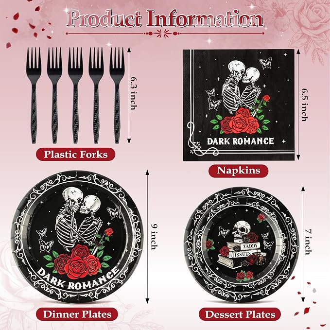 96Pcs Dark Romance Book Lover Skull Rose Black Gothic Party Plates Supplies - Image 2