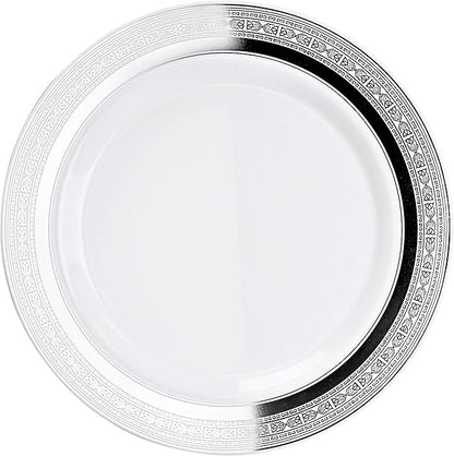 OCCASIONS 240 Plates Pack,(120 Guests) Heavyweight Premium Wedding Party Disposable Plastic Plates Set -120 x 10.5'' Dinner + 120 x 7.5'' Salad/Dessert (Palace White & Silver)