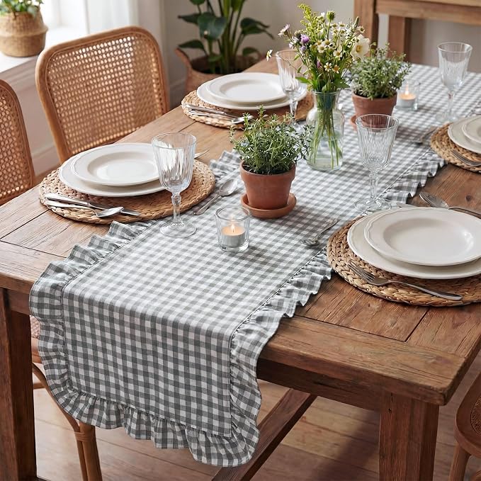 HunnmingRe 1 Pc Gingham Table Runner Light Grey, 72 X 13.8 Inch | Cotton - Image 6