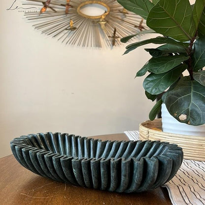 Handmade Oval Fluted Marble Bowl, Table Centerpiece Decorative Marble Bowl, Green Large Ruffle Bowls for Table Centerpiece