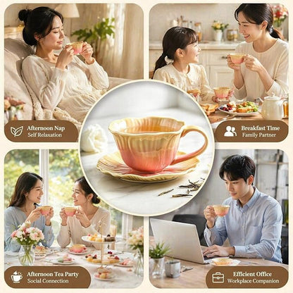 10 oz Tea Cups and Saucers, Flower-Shaped Ceramic Latte Art Cappuccino Cup and - Image 6