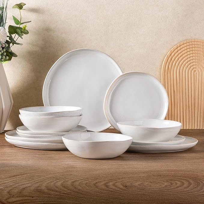 AmorArc Ceramic Dinnerware Sets,Handmade Reactive Glaze Stoneware Plates and Bowls Set,Highly Chip and Crack Resistant | Dishwasher & Microwave Safe,Service for 4 (12pc)