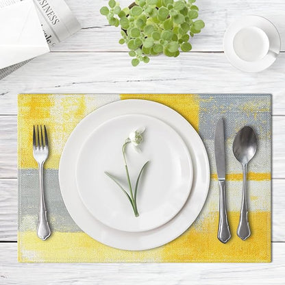 Emvency Farmhouse Placemats Set of 4, 12x18 Inch Modern Grey White and Yellow Art Painting Table Mats for Outdoor Home Party Kitchen Dining Decoration