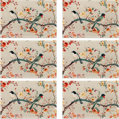 Vintage Bird Painting Placemats Set of 6, Linen Washable for Christmas, Thanksgiving, Party, and Daily Dining, Decorative Table Mats for 4-6 Person Table