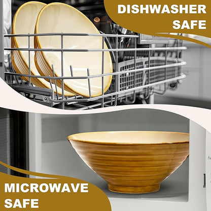 9.4-Inch 2 Sets Ceramic Ramen Bowl (8 Piece) - Japanese Porcelain Dishwasher Microwave Safe Salad Noodles Cereal Pasta Soup Large Bowls with Chopsticks Forks Spoons for Men Women Housewarming Gift