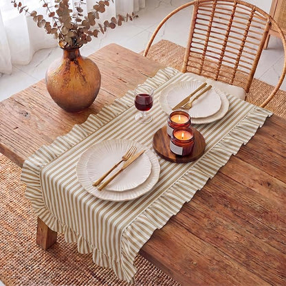 HunnmingRe Ruffle Trim Boho Table Runner Farmhouse Rustic Stripes Scalloped - Image 4