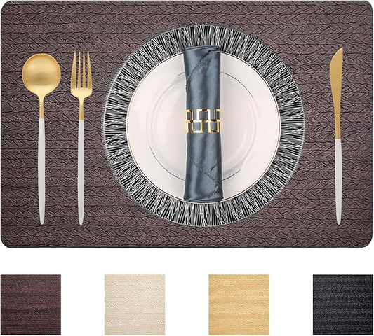 PIGCHCY Waterproof PVC Place Mats Set of 6, Non-Slip Faux Leather Placemats Rattan Pattern Surface Table Mats for Wedding/Birthday Party/Kitchen (18"x12", Brown)
