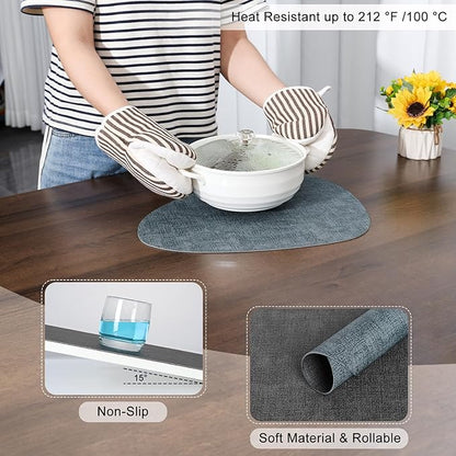 Placemats and Coasters, Washable Reversible Placemats Round Faux Leather Wipeable Place Mats Non Slip Heat Resistant Indoor Outdoor Table Mats (Set of 6, Gray Light Blue)