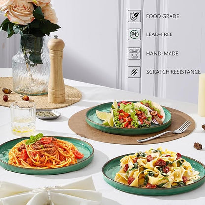 LIANYU 10.2 Inch Dessert Plates of 4, Kitchen Ceramic Dinner Plates Set, Dinnerware Serving Dishes Set, Dinnerware Salad Appetizer Plates for Microwave Dishwasher Oven, Chip Resistant, Emerald Green