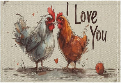 Rural Rooster Placemat Set, Vintage Farmhouse Funny Colorful Hand Drawn Watercolor Line Sketch Chicken Pattern Home Decor Linen Table Mats for Dining Room Kitchen Party (17x12in) x6P