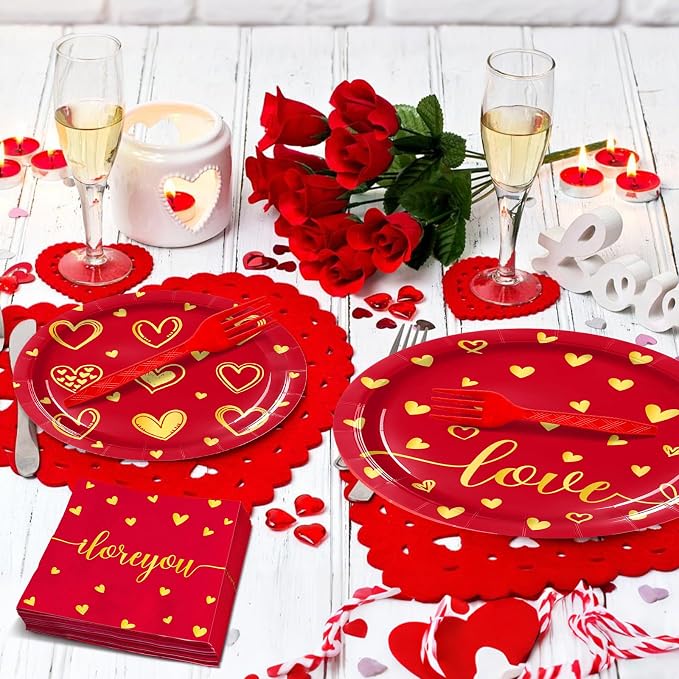 96 Pieces Valentine’s Day Love Tableware Set – Red and Gold Heart Disposable - Image 5