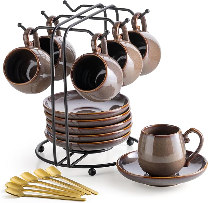 LYEOBOH 3 Ounce Espresso Cups and Saucers Set of 6, Ceramic Small Coffee Cups by LYEOBOH