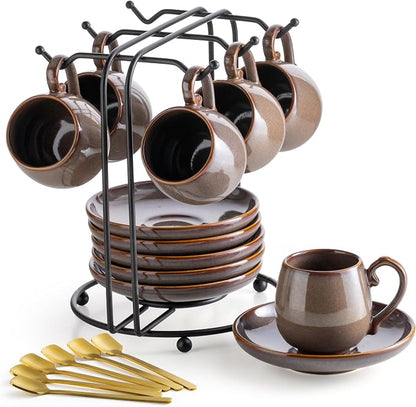 LYEOBOH 3 Ounce Espresso Cups and Saucers Set of 6, Ceramic Small Coffee Cups by LYEOBOH
