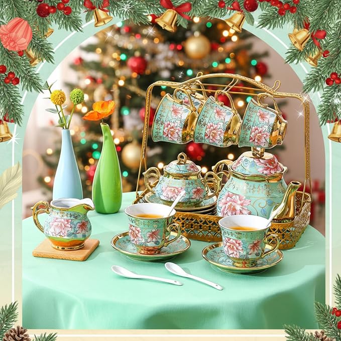 22 Pcs Porcelain Tea Set with Metal Holder, Vintage European Floral Tea Set - Image 6