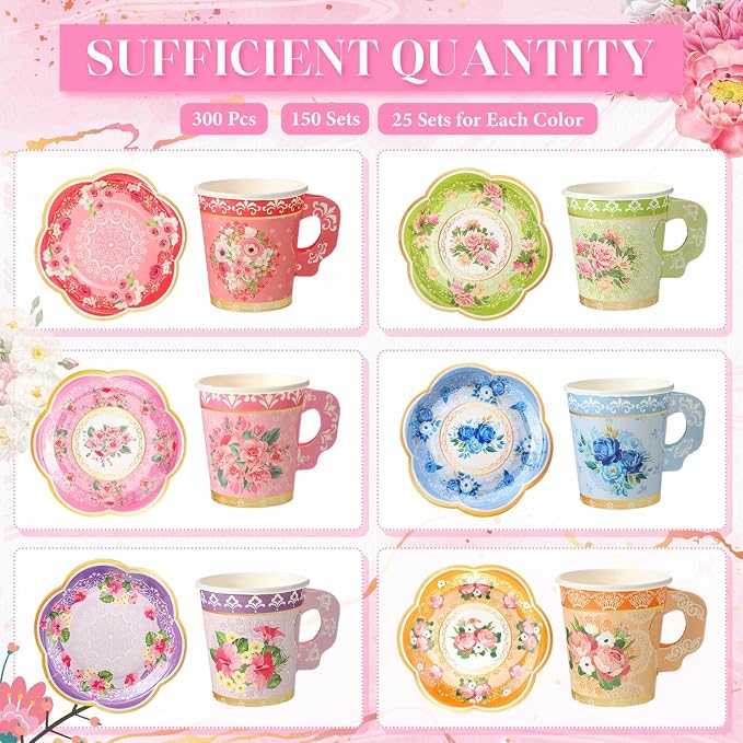 Nuogo 300 Pcs Floral Paper Tea Cups and Saucers 7 OZ Disposable Cups - Image 3