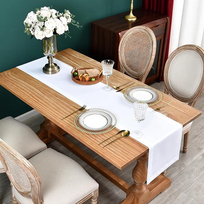 NEWISHER Farmhouse Rustic Faux Linen Solid White Table Runner 13x60inch | White - Image 2