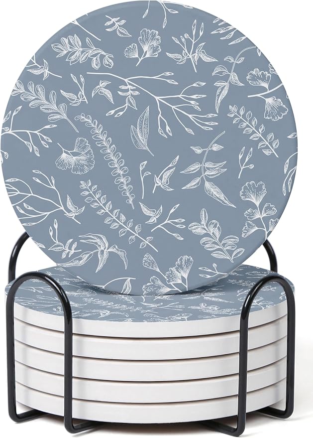 Set of 6 Floral Dusty Blue Coasters by Hoomey