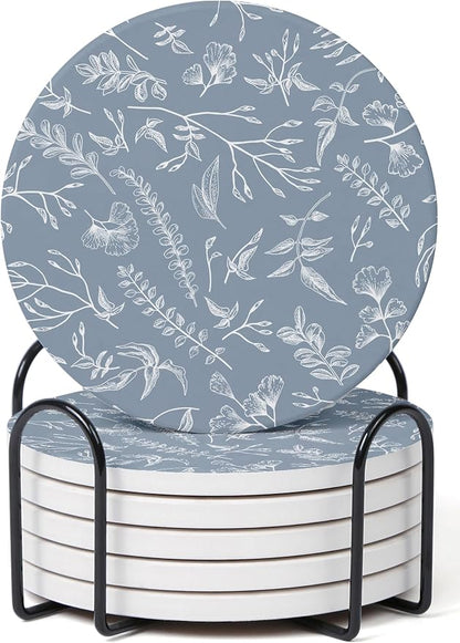 Set of 6 Floral Dusty Blue Coasters by Hoomey
