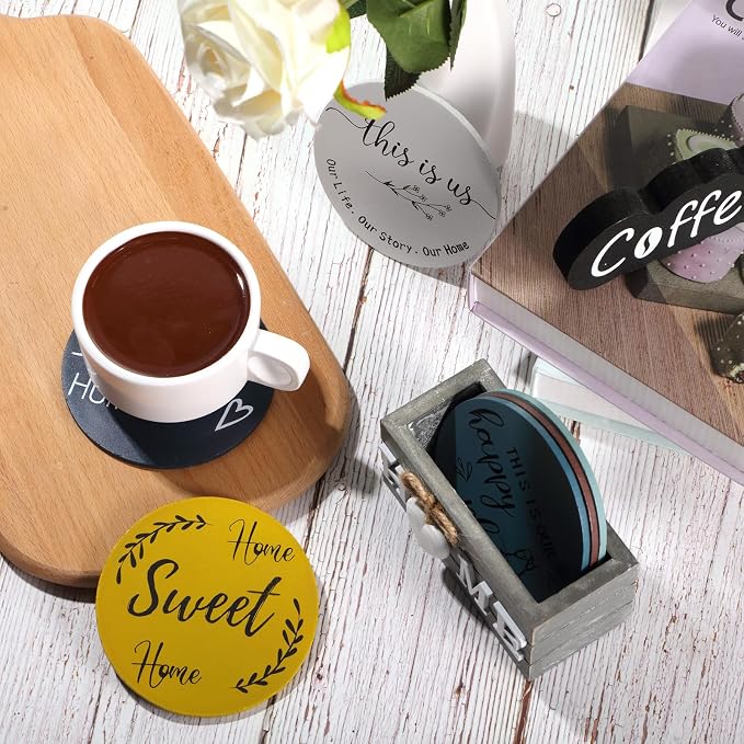 Queekay Coasters Set of 6 House Warming Gifts New Home Wooden Farmhouse Drink - Image 4