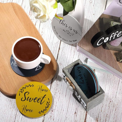 Queekay Coasters Set of 6 House Warming Gifts New Home Wooden Farmhouse Drink - Image 4