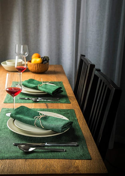 Solino Home Linen Placemats Set of 4 - Forest Green Placemats 14 x 19 Inch - 100% Pure Linen Table Mats for Winter, Easter, St Patricks Day - Athena