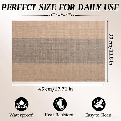 Timeet Placemats Set of 4, Heat Resistant Non-Slip Place Mats for Dining Table, Durable Washable PVC Vinyl Woven Table Mats, Resistant Kitchen Placemats Easy to Clean(Beige & Gray