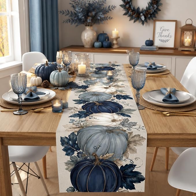Fall Decor - Blue and White Pumpkin Table Runner | Thanksgiving Decorations | - Image 2