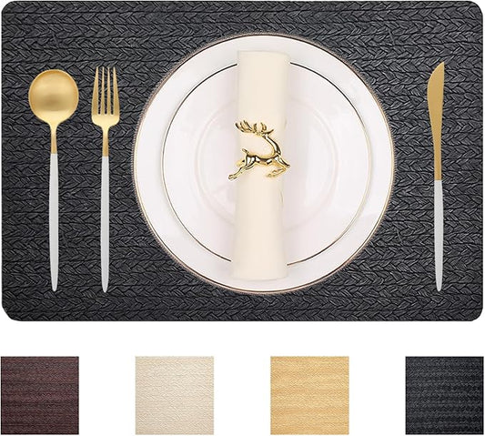 PIGCHCY Waterproof PVC Place Mats Set of 6, Non-Slip Faux Leather Placemats Rattan Pattern Surface Table Mats for Wedding/Birthday Party/Kitchen (18"x12", Black)