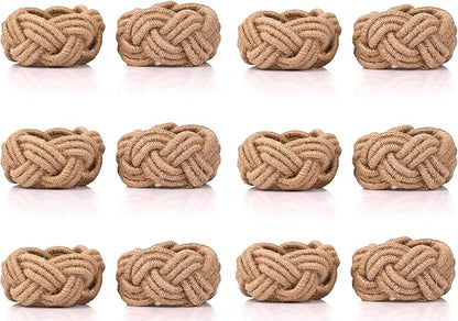 CLEENTABLE Farmhouse Napkin Rings Set of 12 - Nautical Woven Round Coastal Jute & Cotton Tabletop Decor for Weddings, Parties, Everyday Dining, Gifting - Easy to Clean (Brown)