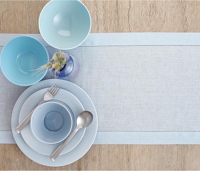 Solino Home 100% Pure Linen Table Runner Blue, Classic Hemstitch 14 x 36 in | - Image 4