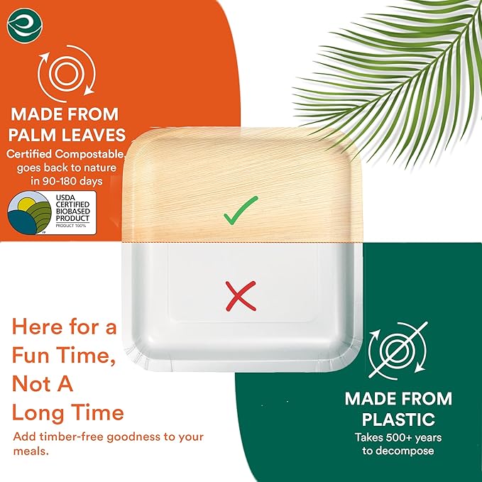 ECO SOUL Palm Leaf Plates 8"(200 Count) Square Compostable Bamboo Plates Heavy- Duty, Biodegradable Eco-Friendly Dinnerware for Party Dinner, Wedding, Holiday & Event