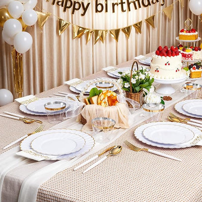 Ciaell 175 PCS White Scalloped Plastic Plates with Gold Trim - Gold Plastic Silverware with Handle - Fancy High-End Dinnerware Sets for Wedding & Party(25 Guests)