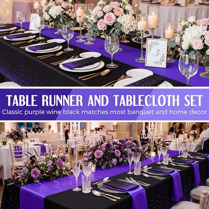 8 Pack Black and Purple Disposable Plastic Tablecloths and Satin Table Runner - Image 4
