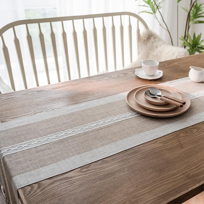 Farmhouse Table Runner, Embroidered Striped Braided Coffee Boho Table Runner - Image 8