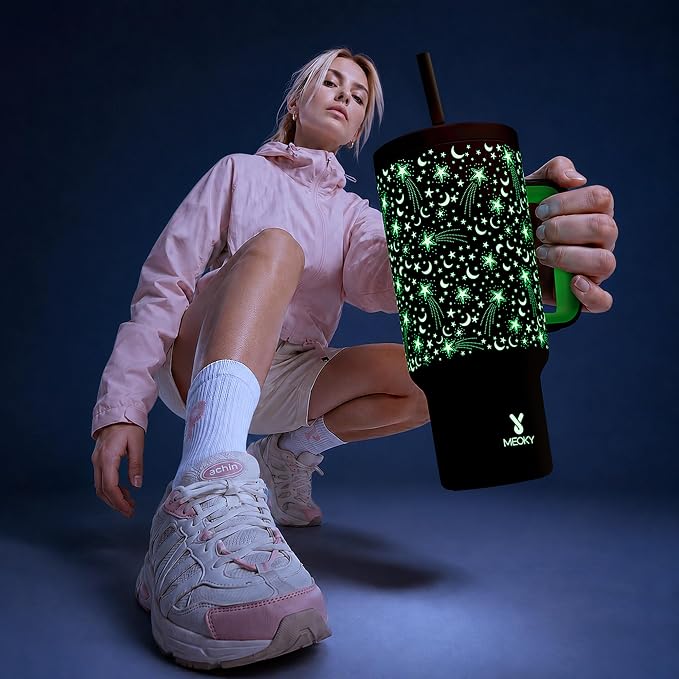 Meoky 40 oz Tumbler with Handle and Straw: Glow in the Dark Tumbler with Lid - Image 2