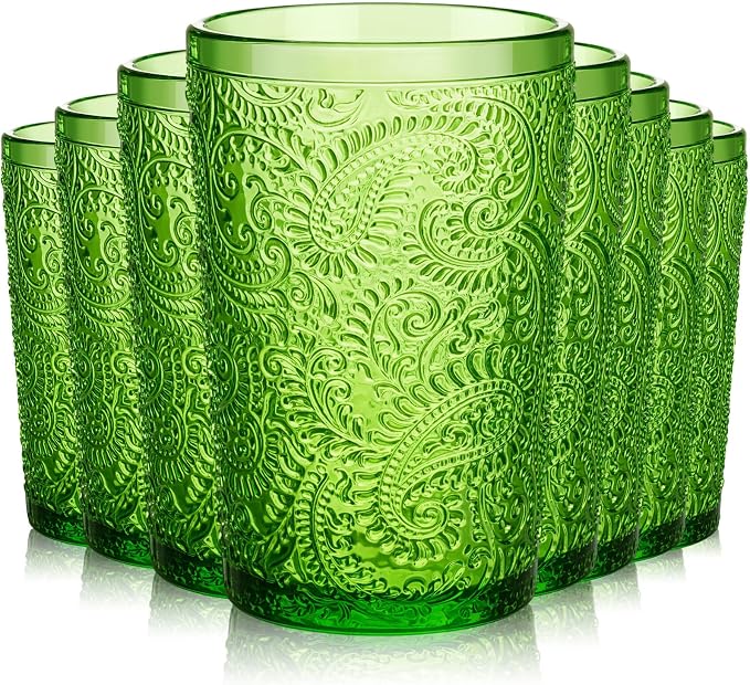 Reallnaive 13 oz Green Drinking Glasses Set of 8, Vintage Glassware by Unknown