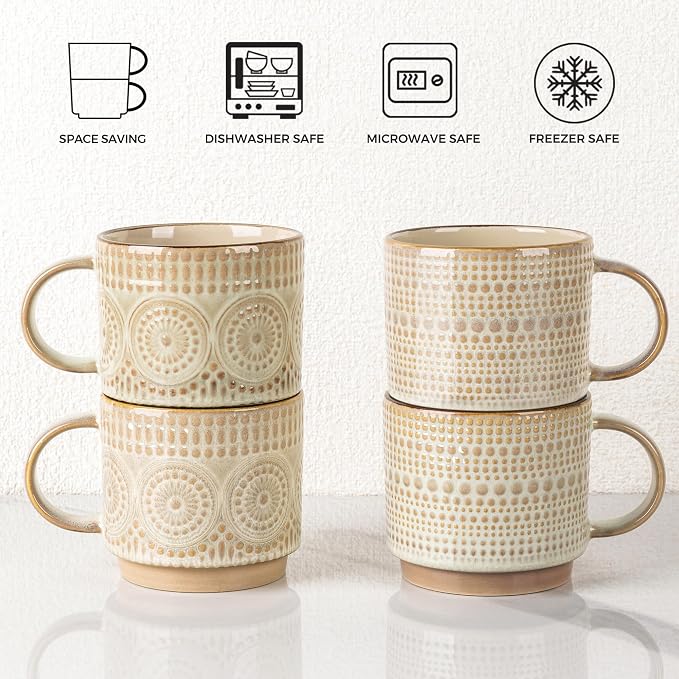 GBhome 12 oz Coffee Mugs Set of 4, Stackable Ceramic Coffee Cups Set | Modern - Image 7