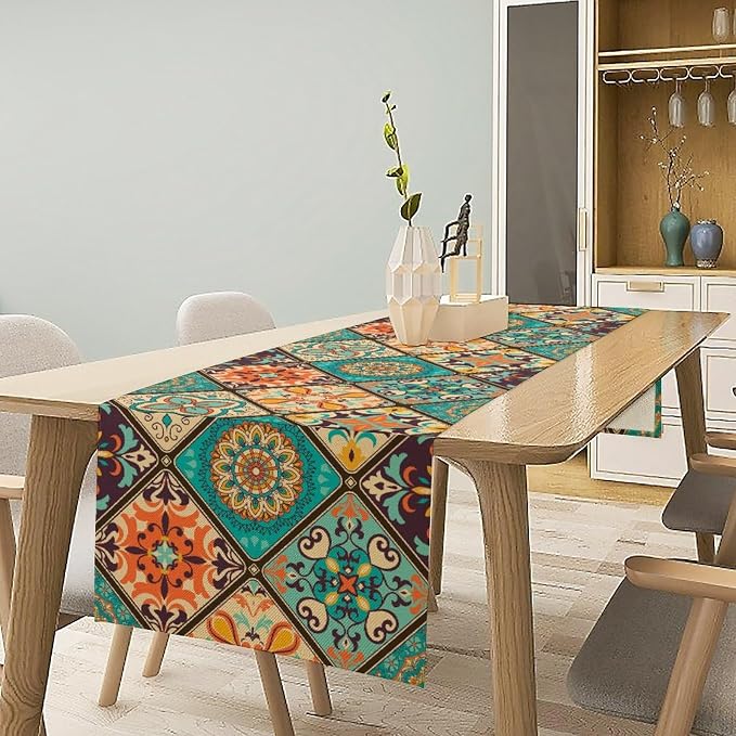 Bohemian Patchwork Table Runnerboho Colorful Tile Patchwork Indian Floral Print - Image 2