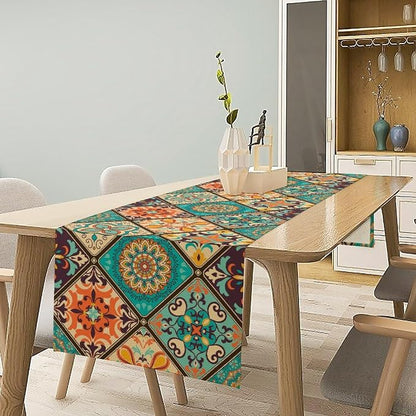 Bohemian Patchwork Table Runnerboho Colorful Tile Patchwork Indian Floral Print - Image 2